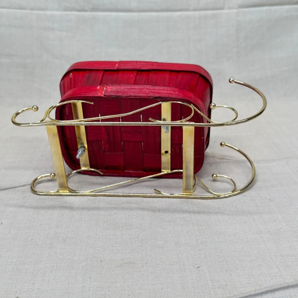Vintage‎ Christmas Sleigh Basket Red Woven Holiday Decor Gold Sleigh Centerpiece